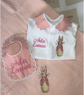 Pink rabbit design babygrow & bib set - MADE TO ORDER - blanket not included.