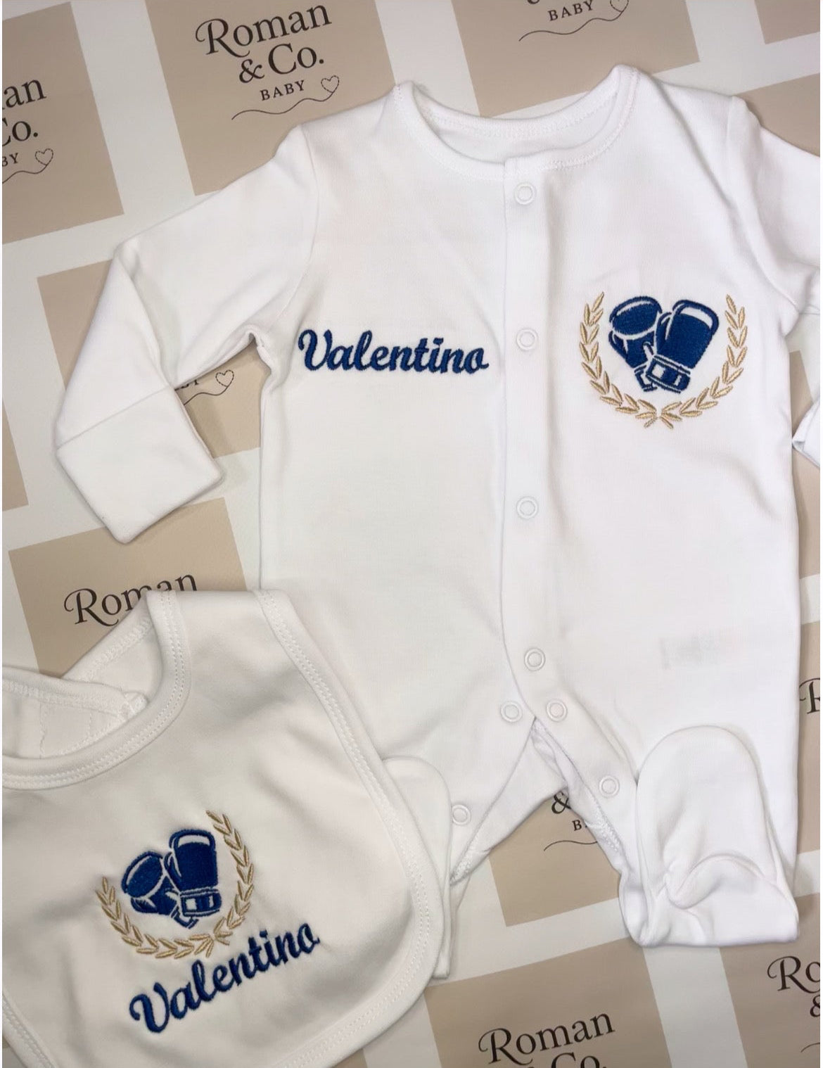 Navy boxing glove babygrow & bib - MADE TO ORDER
